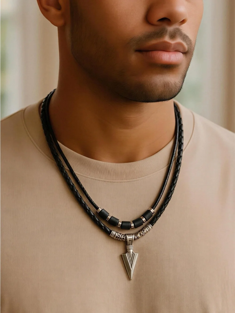 Men's Black Braided Leather Necklace with Silver Arrowhead Pendant